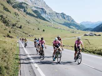 A group of cyclists climbing the Klausen Pass Road during the Ride the Alps event.