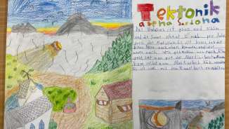 A hand-drawn picture by a child showing mountains, houses, forests, and geological features inspired by the Sardona Tectonic Arena. The colorful drawing combines landscapes, rocks, and written text about the region.