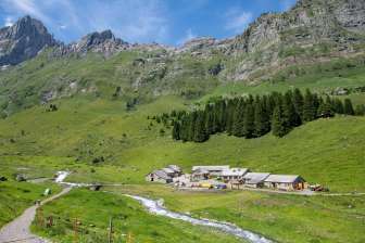 The Bösbächi Alpine Pasture in Braunwald and the lush green surroundings