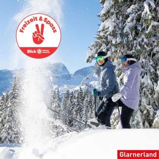 Logo of the Blick Winter Awards with two people throwing snow with their skis in Braunwald in the Background and red font and the Logo and which category they are in.