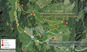 Plan, Karte von Weißenberge mit Markierung des Weges und der Stationen der Kugelbahn.