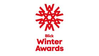 Logo of the Blick Winter Awards with white Background and red font and the Logo, formed like a snowflake on top.